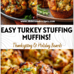 Golden baked turkey and stuffing muffins in a pan with herbs and festive Thanksgiving tableware.